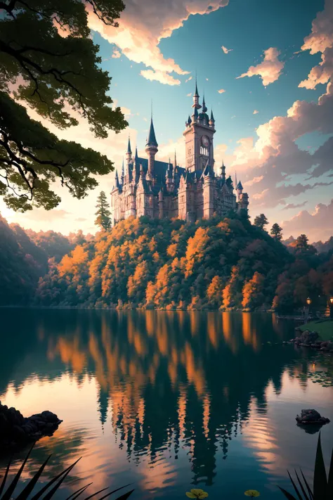 gothic castle yard with a lake and lush plants, fantasy art, by greg rutkowski, loish, rhads, ferdinand knab, makoto shinkai and lois van baarle, ilya kuvshinov, rossdraws, tom bagshaw, beautiful, cinematic, elegant, hyperrealistic, octane render, unreal, high definition, 8k resolution, highly detailed, photo taken with Sony a7R camera, DSLR lens,