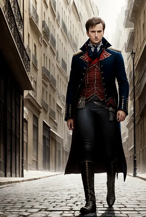 award winning closeup portrait Photo of Napoleon walking in 1800s Paris street, backlit, digital painting, concept art, smooth, sharp focus, rule of thirds, dark fantasy,intricate details, art by aleksi briclot and Greg Rutkowski, medium shot, Style by Style-Empire, moonlit street