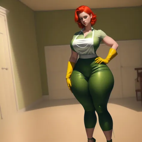 (1girl), beautiful, masterpiece, best quality, best lighting, ((thick thighs)), big ass, wide hips, red hair, (muscular), (strappy heels), pretty, beautiful, (green pants),(white apron), (green collared blouse), yellow gloves, cleavage,(all fours), hands on hips, short hair, dextersmom, <lora:dextersmom3:0.8>,