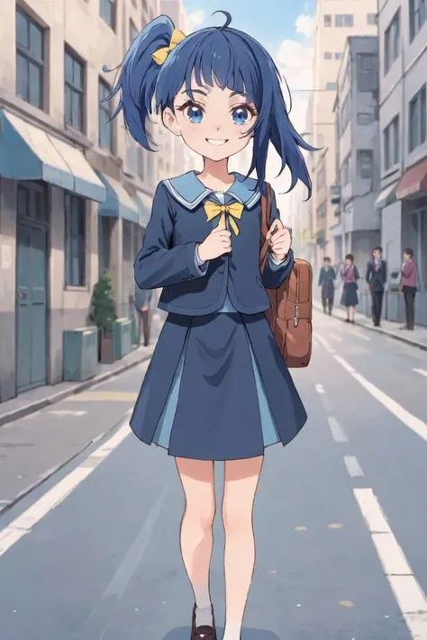 extremely detailed background, 1girl, solo, school uniform, in big city, on the street, Sora Harewataru, smile, <lora:Sora Harewataru XL V1-000008:0.6>