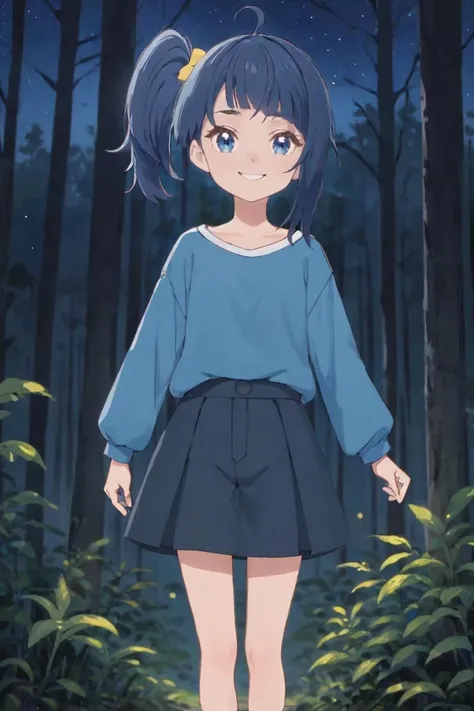 extremely detailed background, 1girl, solo, casual outfit, at night, in the forest, soft light, Sora Harewataru, smile, <lora:Sora Harewataru XL V1-000008:0.6>