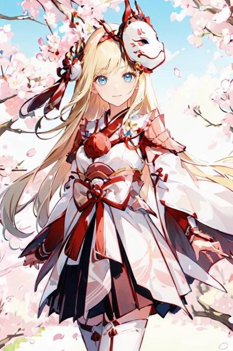 ultra detailed, masterpiece, best quality,
solo, cowboy shot, facing viewer, soft smile, light smile, cherry blossoms,
1girl, blue eyes, very long hair, blonde hair, long blonde hair, french braid, bangs, medium breasts,
<lora:MH_MizuArmor_a2:1> mizuarmorgnr, animal mask, skirt, stockings,