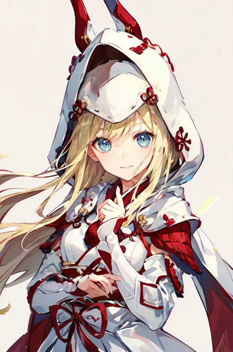 ultra detailed, masterpiece, best quality,
solo, cowboy shot, facing viewer, soft smile, light smile,
1girl, blue eyes, very long hair, blonde hair, long blonde hair, french braid, bangs, medium breasts,
 <lora:MH_MizuArmor_a2:1> mizuarmorbmr, hood up, wide sleeves, armguards,