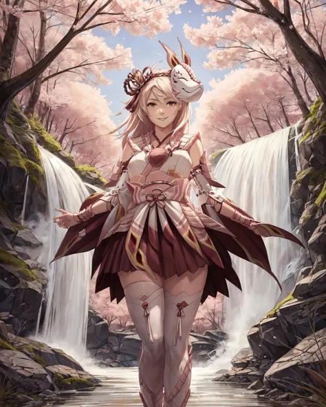 character portrait of a sexy,adult,(female:1.4),(human:1.2),(mizuarmorgnr:1.3),thin,hi res,soft shading,good anatomy,cinematic lighting,by woolrool,crayon \(artist\),buta99,detailed background,outdoors,forest,cherry blossoms,standing,waterfall,animal mask,[smile:0.8],skirt,stockings,