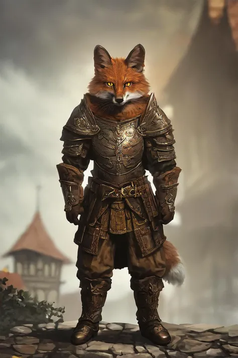 score_9, score_8_up, source_anime, rating_safe, Fantasy, Werefox, fur, slit pupils, whiskers, anthro, <lora:RPGWerefoxXL:1>, yellow eyes, Spiky armor, boots, gloves,, centered, portrait, Village, distant huge statues, photorealistic, impressionist painting, Morning, up close, detailed face, face focus, full body, solo, standing, looking at viewer, facing viewer,