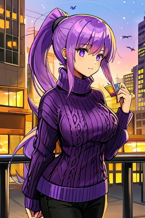 female, Advent Purple,  city, folded ponytail, aran sweater