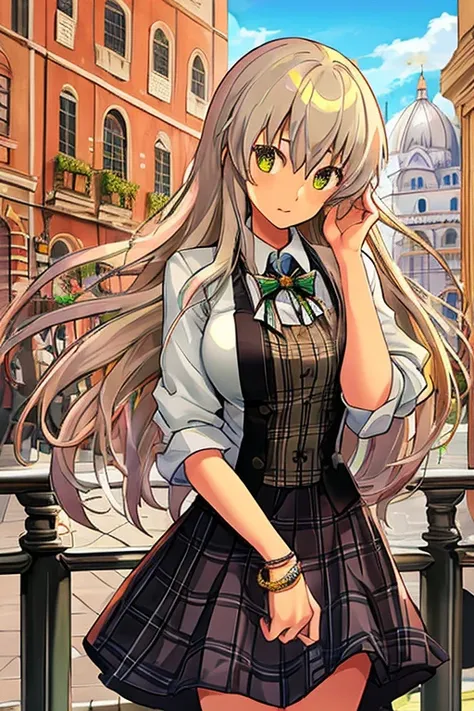 female, Siena Brown,  city, hair down, checkered