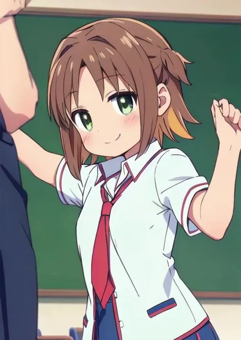 masterpiece, best quality,,<lora:GoodHands-vanilla:0.8> <lora:anmnr01:0.3> <lora:add_detail:0.5>,<lyco:asahi_v1_locon:0.7>,oka asahi,school zone, (school uniform,flat breasts,spread arms,open mouth smile)