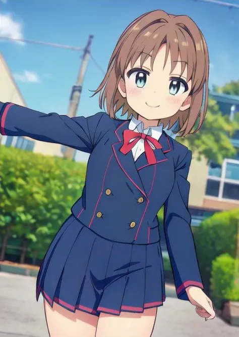 masterpiece, best quality,,<lora:GoodHands-vanilla:0.8> <lora:anmnr01:0.3> <lora:add_detail:0.5>,<lyco:asahi_v1_locon:0.7>,oka asahi,school zone, (school uniform,flat breasts,spread arms,open mouth smile),active angle