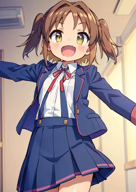 masterpiece, best quality,,<lora:GoodHands-vanilla:0.8> <lora:anmnr01:0.3> <lora:add_detail:0.5>,<lyco:asahi_v1_locon:0.7>,oka asahi,school zone, (flat breasts,spread arms,open mouth smile,fang,1little girl, petite,solo:1.5),active angle,suspenders, long sleeves,long skirt, jacket, shirt, white shirt, pleated skirt, school uniform, collared shirt, blue skirt, blazer, neck ribbon, red ribbon, ribbon, suspender skirt, blue jacket