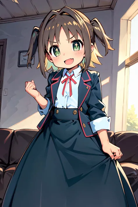 (masterpiece:1.2), best quality, high resolution, unity 8k wallpaper, (illustration:1.0), (beautiful detailed eyes:1.4), extremely detailed face, perfect lighting, extremely detailed CG, official art, (perfect hands,perfect anatomy), (dynamic angle and pose:1.6), nice angle, (1little girl, solo:1.5), BREAK
oka asahi, fang, (green eyes:1.2), smile, brown hair, (+_+:1.4), symbol-shaped pupils, hair intakes, multicolored hair, two-tone hair, looking at viewer, bangs, blush, two side up, v-shaped eyebrows, suspenders, long sleeves, BREAK
(long skirt:1.4), jacket, shirt, white shirt, pleated skirt, school uniform, collared shirt, blue skirt, blazer, neck ribbon, red ribbon, ribbon, suspender skirt, blue jacket, BREAK
:d, open mouth, panties, seductive smile, BREAK
(mansion:1.4), (on couch;1.4), indoor, day,