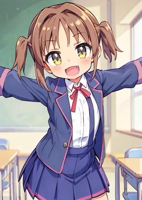 masterpiece, best quality,,<lora:GoodHands-vanilla:0.8> <lora:anmnr01:0.3> <lora:add_detail:0.5>,<lyco:asahi_v1_locon:0.7>,oka asahi,school zone, (flat breasts,spread arms,open mouth smile,fang,1little girl, petite,solo:1.5),active angle,suspenders, long sleeves,long skirt, jacket, shirt, white shirt, pleated skirt, school uniform, collared shirt, blue skirt, blazer, neck ribbon, red ribbon, ribbon, suspender skirt, blue jacket