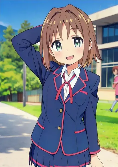 masterpiece, best quality,,<lora:GoodHands-vanilla:0.8> <lora:anmnr01:0.3> <lora:add_detail:0.5>,<lyco:asahi_v1_locon:0.7>,oka asahi,school zone, (school uniform,yo,flat breasts),spread arms,open mouth smile