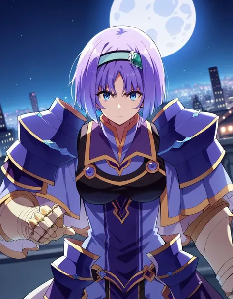 score_9, score_8_up, score_7_up, source_anime,
shadowannerose, <lora:shadow-annerose-ponyxl-lora-nochekaiser:1>,
annerose, short hair, blue eyes, purple hair,
hairband, armor, shoulder armor, gauntlets, blue hairband,
outdoors, cityscape, night, moon, fighting stance,
looking at viewer, dutch angle,