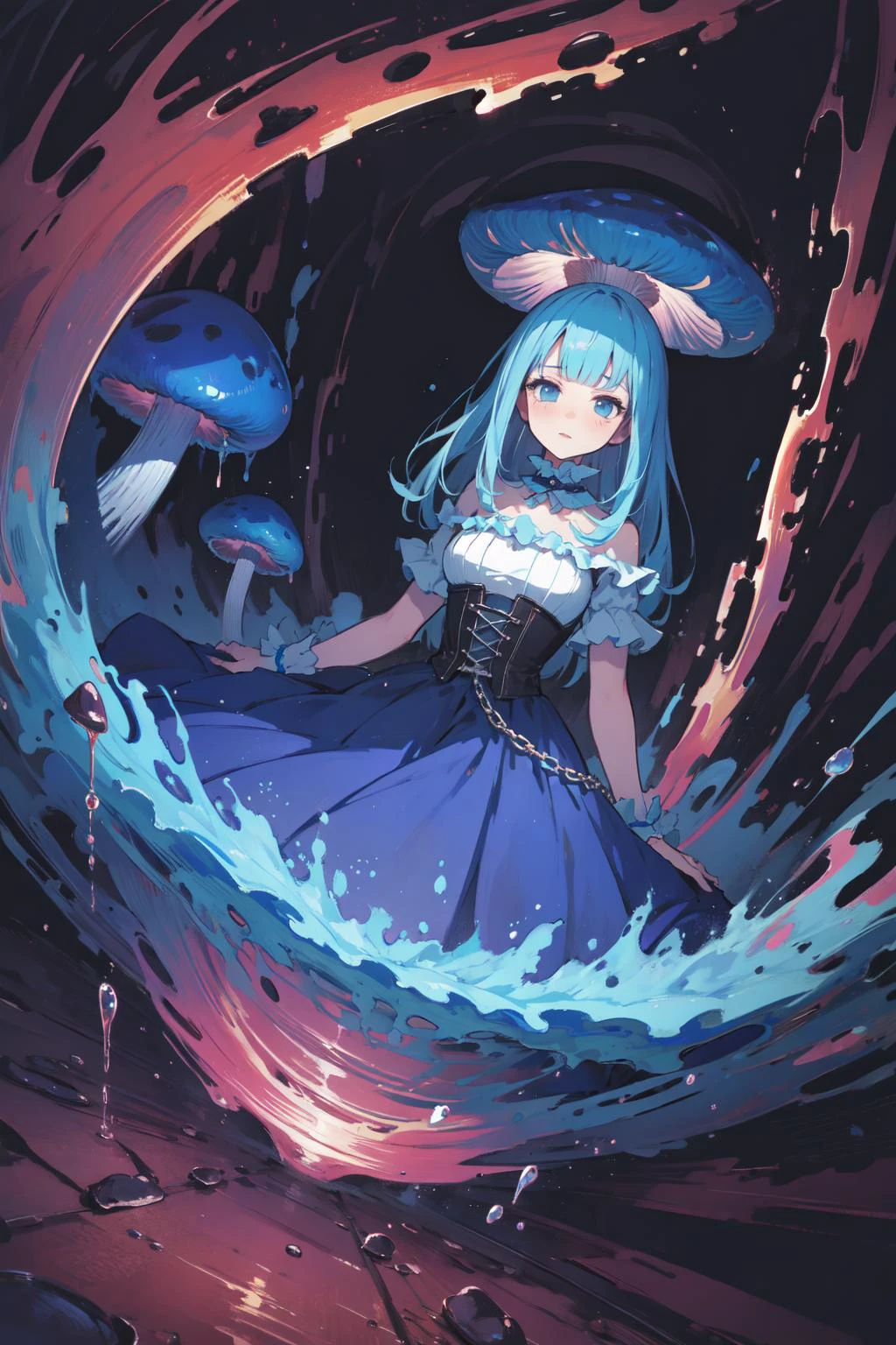 (extremely detailed CG unity 16k wallpaper,:1.3),
(nonrepresentational art,vivid color, wide angle, visual kei,very rough strip:1.3),
style of decadent illustrations,meiji art,
pixelated chaos,lith printing,
ultra high res,
<lora:Mushroom:0.5> (blue mushroom,monster girl:1.3)