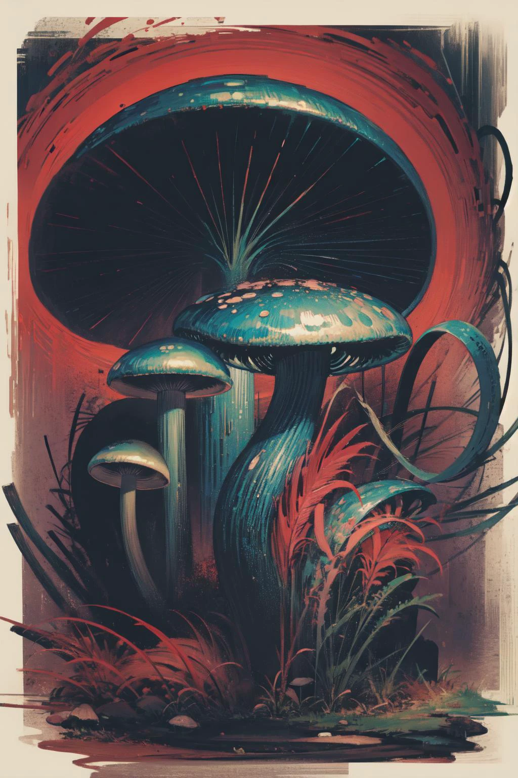 (extremely detailed CG unity 16k wallpaper,:1.3),
(nonrepresentational art,vivid color, wide angle, visual kei,very rough strip:1.3),
style of decadent illustrations,meiji art,
pixelated chaos,lith printing,
ultra high res,
<lora:Mushroom:0.5> (black mushroom,monster girl:1.3)