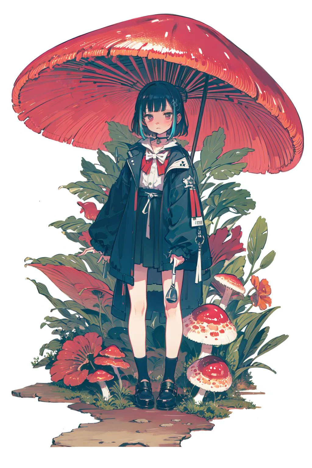 (extremely detailed CG unity 16k wallpaper,white background:1.3),
(nonrepresentational art,vivid color, wide angle, visual kei,very rough strip:1.3),
style of decadent illustrations,meiji art,
pixelated chaos,lith printing,
ultra high res,
<lora:Mushroom:0.8> mushroom,monster girl