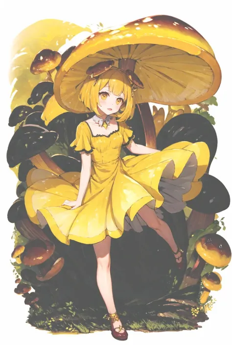 masterpiece, best quality, 1girl, <lora:Mushroom:1>,mushroom,monster girl, yellow theme, dress,