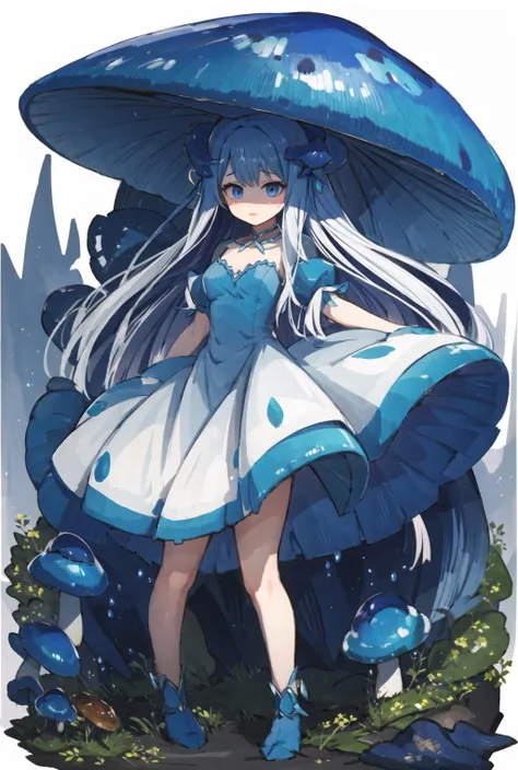 masterpiece, best quality, 1girl, <lora:Mushroom:1>,mushroom,monster girl, blue theme, dress,