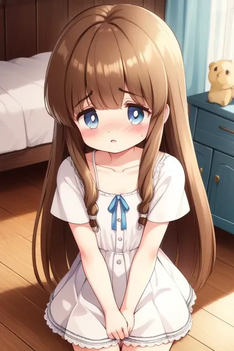 <lora:Sakura_Nao:0.8>SakuraNao, 1girl, solo, blue eyes, long hair, brown hair, bangs, blond hair, dress, , collarbone, skirt, solo focus, wooden floor, cowboy Shot, blush, 
home in the room,  
masterpiece, high quality, very_high_resolution, large_filesize, full color,