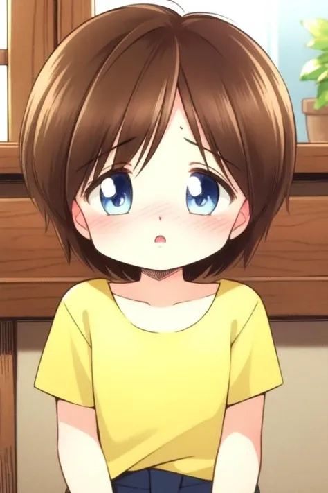 <lora:Sakura_Nao:0.8> Nao-kun, 1boy, solo, blue eyes, brown hair, short hair, shirt, yellow shirt, bangs, short sleeves, blush,
home in the room,
masterpiece, high quality, very_high_resolution, large_filesize, full color,