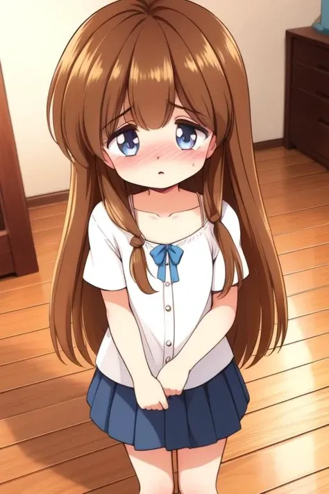 <lora:Sakura_Nao:0.8>SakuraNao, 1girl, solo, blue eyes, long hair, brown hair, bangs, blond hair, dress, , collarbone, skirt, solo focus, wooden floor, cowboy Shot, blush,
home in the room,
masterpiece, high quality, very_high_resolution, large_filesize, full color,