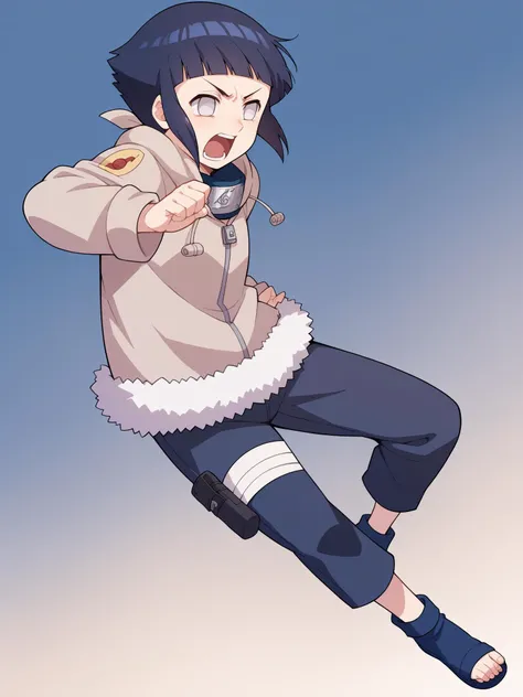 score_9, score_8_up, score_7_up, score_6_up, score_5_up, score_4_up, BREAK, source_anime
1girl, solo, <lora:HinaGeninXL:1> short hair, dark blue hair, shiny hair, blunt bangs, grey eyes, no pupils,
konohagakure symbol, forehead protector, hoodie, long sleeves, fur trim, capri pants, bandages, thigh holster, toeless footwear, zipper
screaming, doing a jump kick, jumping kick,