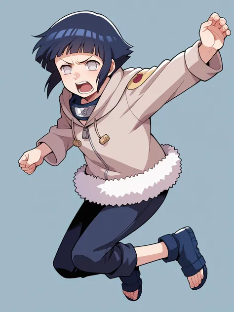 score_9, score_8_up, score_7_up, score_6_up, score_5_up, score_4_up, BREAK, source_anime
1girl, solo, <lora:HinaGeninXL:1> short hair, dark blue hair, shiny hair, blunt bangs, grey eyes, no pupils,
konohagakure symbol, forehead protector, hoodie, long sleeves, fur trim, capri pants, bandages, thigh holster, toeless footwear, zipper
screaming, doing a jump kick, jumping kick,