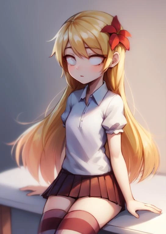 (masterpiece, best quality:1.2), extremely detailed, soft ambient lighting, sharp focus, 4K, BREAK Wendy, 1girl, solo, long blonde hair, white shirt, puffy short sleeves, red pleated skirt, striped thigh highs, no pupils, blank eyes, hair flower, looking at viewer, <lora:DontStarveWendy-20:0.9>, BREAK