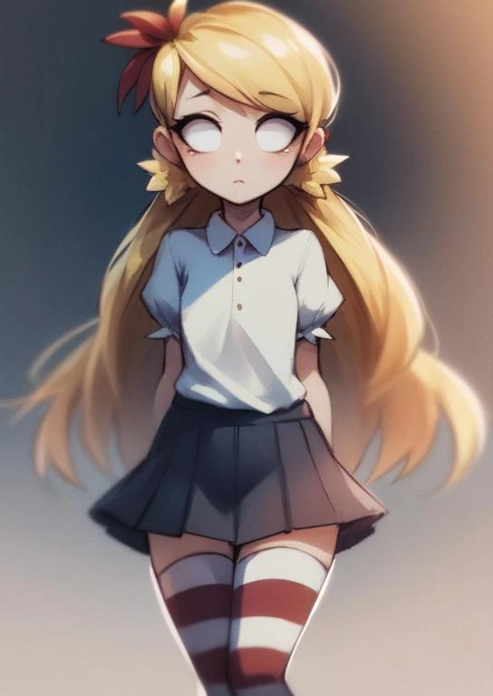 (masterpiece, best quality:1.2), extremely detailed, soft ambient lighting, sharp focus, 4K, BREAK Wendy, 1girl, solo, long blonde hair, white shirt, puffy sleeves, red pleated skirt, striped thigh highs, no pupils, blank eyes, hair flower, looking at viewer, <lora:DontStarveWendy-20:1>