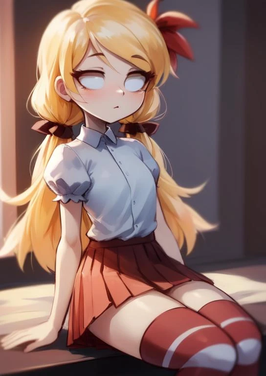 (masterpiece, best quality:1.2), extremely detailed, soft ambient lighting, sharp focus, 4K, BREAK Wendy, 1girl, solo, long blonde hair, white shirt, puffy sleeves, red pleated skirt, striped thigh highs, no pupils, blank eyes, hair flower, looking at viewer, <lora:DontStarveWendy-20:1>