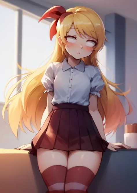 (masterpiece, best quality:1.2), extremely detailed, soft ambient lighting, sharp focus, 4K, BREAK Wendy, 1girl, solo, long blonde hair, white shirt, puffy sleeves, red pleated skirt, striped thigh highs, no pupils, blank eyes, hair flower, looking at viewer, <lora:DontStarveWendy-20:1>