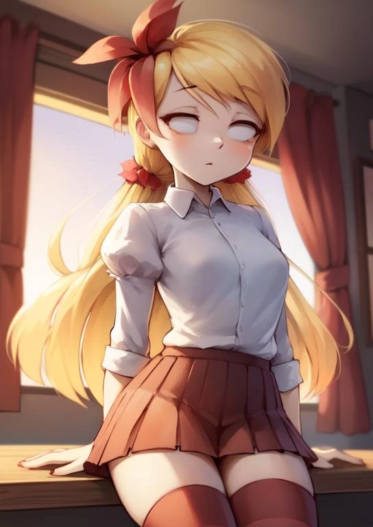 (masterpiece, best quality:1.2), extremely detailed, soft ambient lighting, sharp focus, 4K, BREAK Wendy, 1girl, solo, long blonde hair, white shirt, puffy sleeves, red pleated skirt, striped thigh highs, no pupils, blank eyes, hair flower, looking at viewer, <lora:DontStarveWendy-20:1>