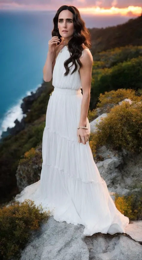 jennifer_connelly_v2.1 (sharp focus:1.2), photo, attractive young woman, (beautiful face:1.1), detailed eyes, luscious lips, (smokey eye makeup:0.85), (medium breasts:1.0), (athletic body:1.2), (wavy hair:1.2), wearing (maxi dress:1.2) on a (cliffside:1.2). (moody lighting:1.2), depth of field, bokeh, 4K, HDR. by (James C. Christensen:1.2|Jeremy Lipking:1.1).