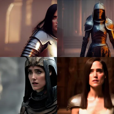 a epic photo of Jenifer Connelly2, perfect face, deliberate, masterpiece, best quality, highest quality, cinematic lighting, very beautiful, working in a knight armor, in dark souls, shot on dslr, 8k, detailed face