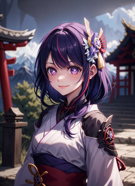 raidenshogundef,upper body,smile,blush,outdoors,day,simple background,blue sky,short hair,sky,temple,looking at viewer,stairs,mountain,moody lighting,facing viewer,<lora:raidenshogun1:0.8>,Hoshino Ai,long hair,purple hair,streaked hair,purple eyes,star-shaped pupils,hair ornament,<lora:HoshinoAi_v9:0.8>,