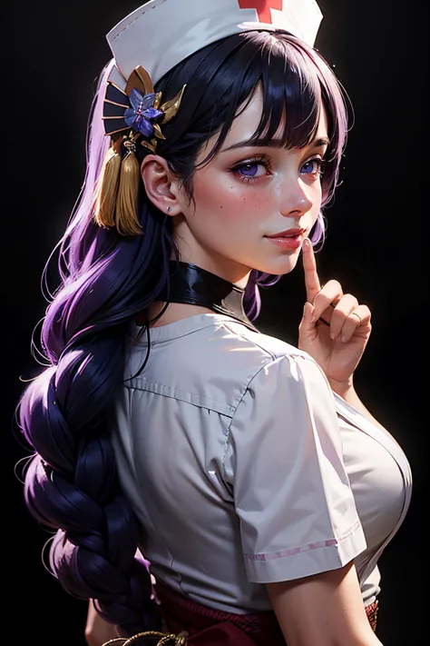 masterpiece, (photorealistic:1.4), best quality, beautiful lighting, detailed, 1girl, alluring, ((five fingers)), Nurse, nurse cap, ((back view)),
<lora:raidenshogun1-000009:1>, raidenshogundef, (purple eyes), wide smile, (blushed:1.2),
(shushing:1.2), ((index finger on lips)), black background