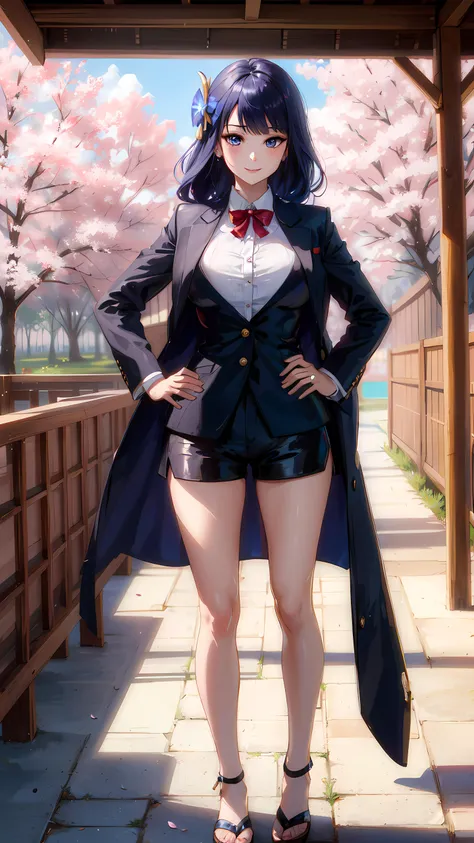 <lora:raidenshogun1:0.7>, raiden shogun, raiden, (medium breasts), perfact breasts, masterpiece, best quality, ultra-detailed, beautiful lighting, bangs, (black_jacket:1.2), (blazer:1.1), blue_eyes, perfect eyes, inazuma, (Button-up Shirt:1.1), (Midi-length shorts:1.1), cherry blossoms, (Standing with one foot in front of the other and hands on hips), (pov:1.1), (smile:0.9),