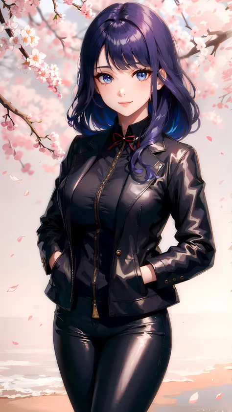 <lora:raidenshogun1:0.7>, raiden shogun, raiden, (medium breasts), perfact breasts, masterpiece, best quality, ultra-detailed, beautiful lighting, bangs, (black_jacket:1.2), (blazer:1.1), blue_eyes, perfect eyes, inazuma, (Peplum Top:1.1), (Leather pants:1.1), cherry blossoms, (Hands in pockets), (pov:1.1), (smile:0.9),