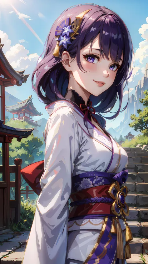 <lora:raidenshogun1:1>, raidenshogundef, upper body, smile, blush, outdoors, day, simple background, blue sky, short hair, sky, temple, looking at viewer, stairs, mountain, moody lighting, facing viewer,