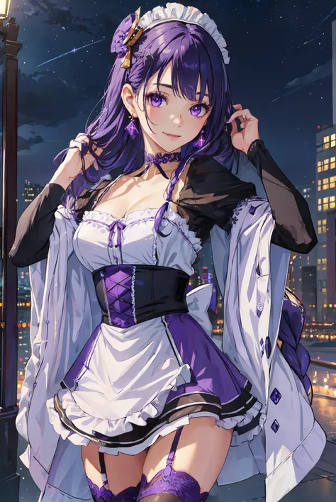 <lora:raidenshogun1:0.7>, highly detailed, masterpiece, best quality, highly detailed face, highly detailed eyes, (1girl:1), purple maid dress, thighhighs, choker, earrings, purple eyes, fishbone braided hair, hair ornament, hime cut, arm up, tying hair, adjusting hair, smile, (full body:1), cityscape, night sky, night lights, starry sky, city lights