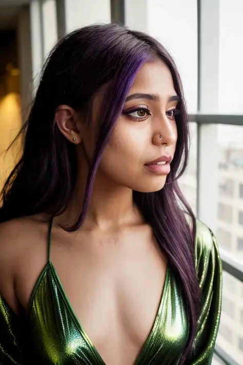 futuristic modern penthouse apartment, dappled sunlight, lovecraftian aesthetic, clean, sharp angles, LED lights, fluffy carpet, portrait photo, slow motion, beautiful young woman, paintjunkbunny, (small breasts:0.7), (smiling:0.7), female orgasm, cat eye eyeliner, nose piercing, purple black hair, full body, evocative pose, (wearing [jammers:robe:0.2]:1.2), star print, dark, low lighting, portrait, hyper detailed, detailed face, POV, by lee jeffries nikon d850 film stock photograph 4 kodak portra 400 camera f1.6 lens rich colors hyper realistic lifelike texture dramatic lighting unrealengine trending on artstation cinestill 800 zeiss_style, <hypernet:LuisapPhotoclarity_v1:0.4>