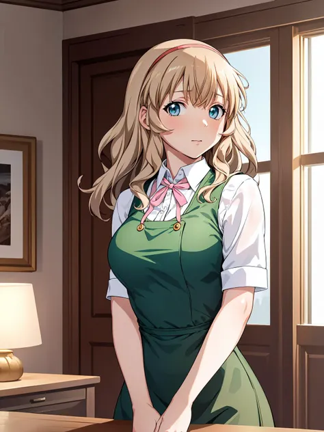 (masterpiece, best quality), tall, 1girl, solo, sonken chuubou, white racial skin, light brown hair, hairband, blue eyes, large breast, (light green small vest, and a dark green sundress, a small short sleeved white shirt and a pink ribbon on the collar), looking at viewer, indoors, european high class party room, <lora:ikkitousen_sonken:0.9>