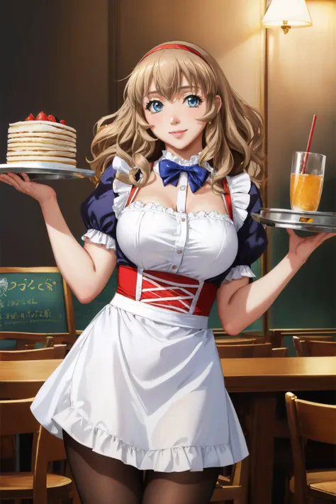 (masterpiece, best quality:1.2), <lyco:ikkitousen_sonken-12:1.0>, cowboy shot, solo, 1girl, sonken chuubou, smile, looking at viewer, holding tray, hairband, waitress, apron, puffy sleeves, pantyhose, large breasts