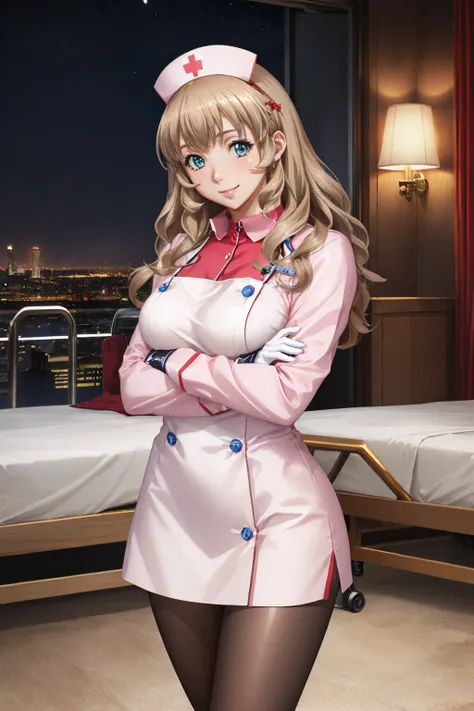 (masterpiece, best quality:1.2), <lyco:ikkitousen_sonken-12:1.0>, cowboy shot, solo, 1girl, sonken chuubou, smile, looking at viewer, crossed arms, hairband, nurse cap, nurse, long sleeves, pantyhose, white gloves, large breasts