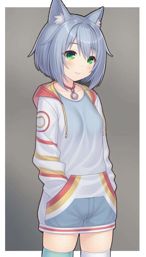 niunai,masterpiece, best quality, white kneehighs, small breasts, green eyes, short hair, light blue hair, girl, solo,
<lora:niunaiV1:0.5>
hoodie ,