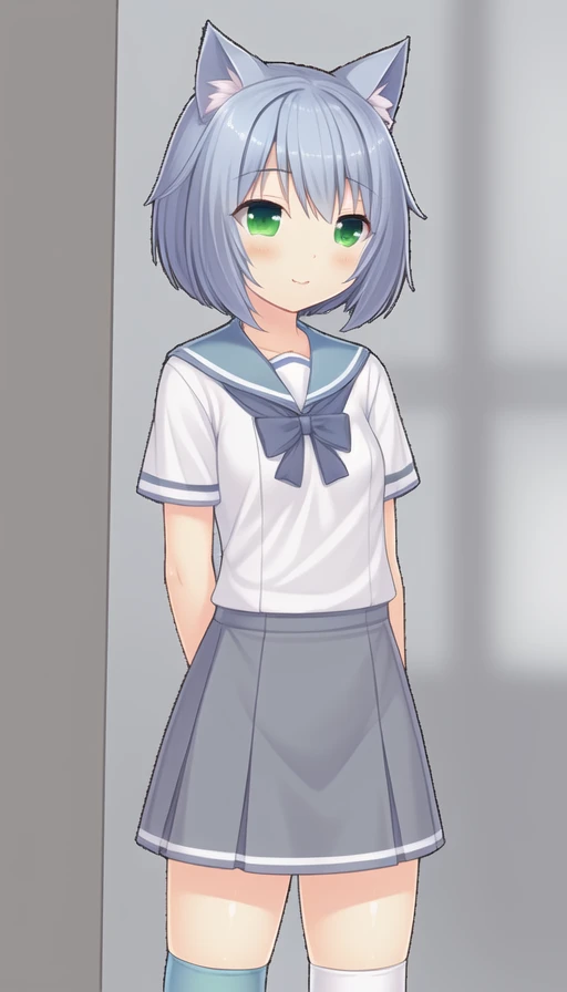 masterpiece, best quality, cat_ears,white kneehighs, shirt, school uniform, seifuku, Sailor dress, small breasts, green eyes, short hair, light blue hair, girl, solo,
<lora:niunaiV1:0.5>
niunai