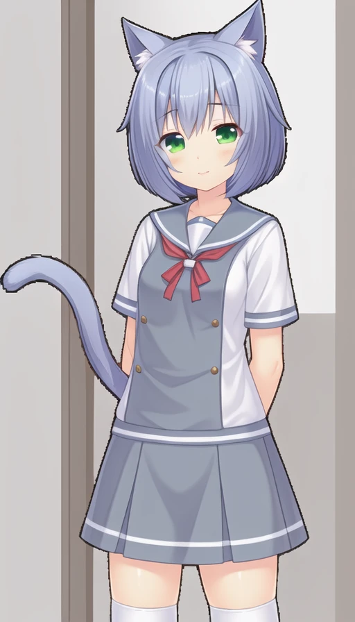 masterpiece, best quality, cat_ears,white kneehighs, shirt, school uniform, seifuku, Sailor dress, small breasts, green eyes, short hair, light blue hair, girl, solo,
<lora:niunaiV1:0.5>
niunai