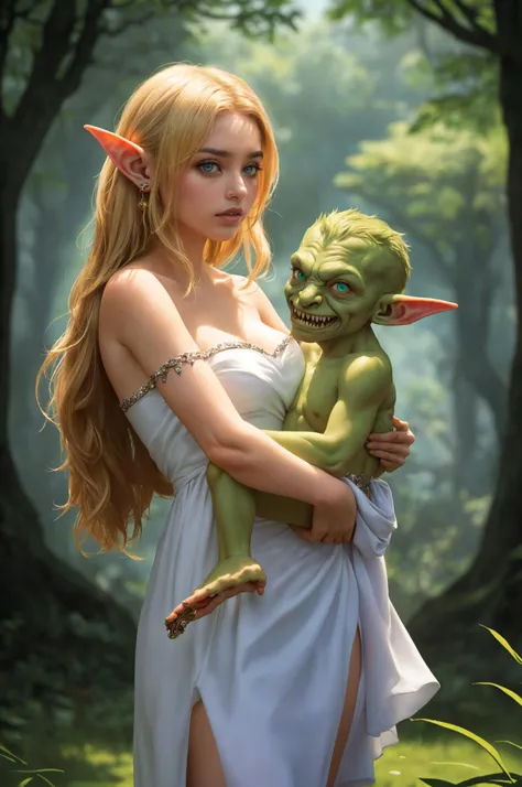 1men, 1girl, princess carry, Elf, Elf ears, aqua eyes, straight hair, very long hair, blonde, (white elven dress:1.2), see-through, strapless, jewelry, (little green goblin:1.2), size difference, with a baby goblin in her arms, a girl carrying a man, ugly goblin, sharp teeth, goblin monster, diaper goblin, fantasy, in a fantasy glade, cinematic, detailed character design, Digital artwork, Resolution: 4k, best quality, masterpiece, high resolution, <lora:goblin_v0.1a:0.6> <lora:princess_carry_v0.1:0.7>