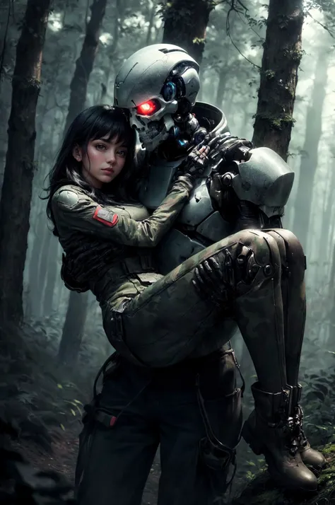 princess carry, blush, 1boy, 1girl, smirk, bangs, breasts, shirt, long sleeves, pants, looking at another, Futuristic robotic android skeleton tenderly cradling a young woman out of a mysterious forest, the android is shown with intricate metallic details and robotic skeleton head, army camouflage, army boots, neon tubes, neon cables connected to the robot's neck, in a mystical forest clearing, detailed rendering captures the intensity of the moment, with dynamic lighting adding an element of drama, highly detailed rendering with dramatic lighting and atmospheric effects, Digital artwork, Resolution: 4k, cinematic view, (best quality:1.2), (masterpiece:1.3), (high resolution:1.3), <lora:princess_carry_v0.1:0.8>,<lora:AddDetail:0.8>